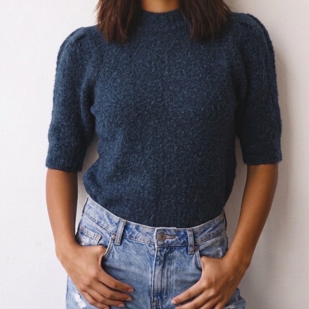 Molly Bracken Premium Blue Medium Knit Wool Mock Neck Puff Short Sleeve Sweater